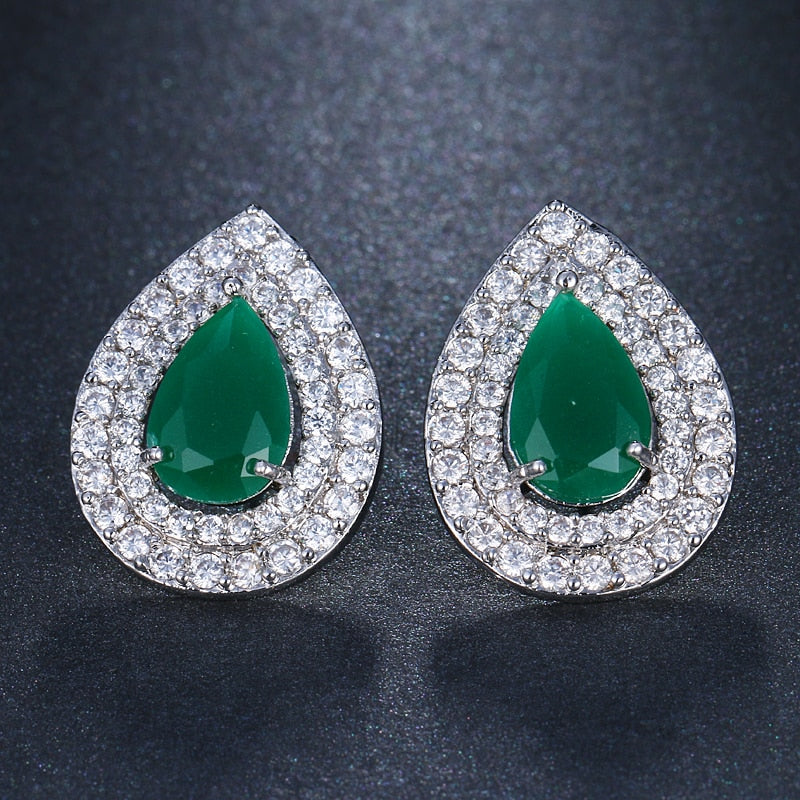 Emerald Cubic Zircon with Silver Plated Earrings